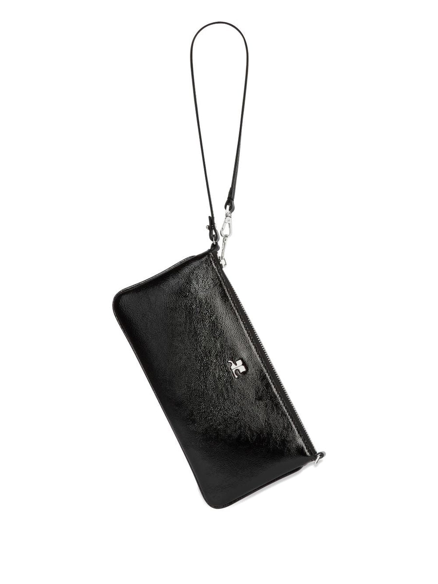 Courreges Zipped Leather Pouch With Logo Plaque, Detachable Strap, Minimalist Black Evening Clutch For Women