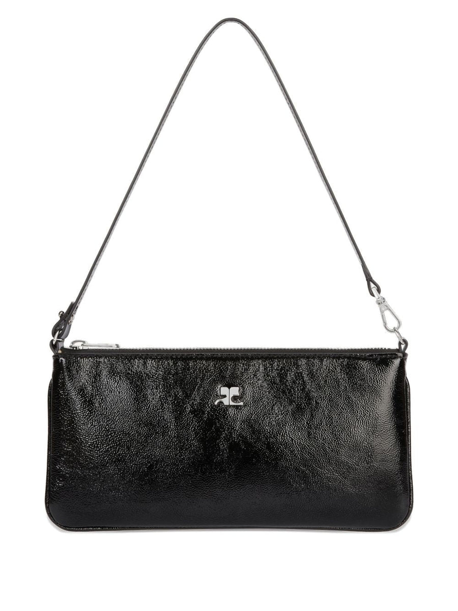 Courreges Zipped Leather Pouch With Logo Plaque, Detachable Strap, Minimalist Black Evening Clutch For Women