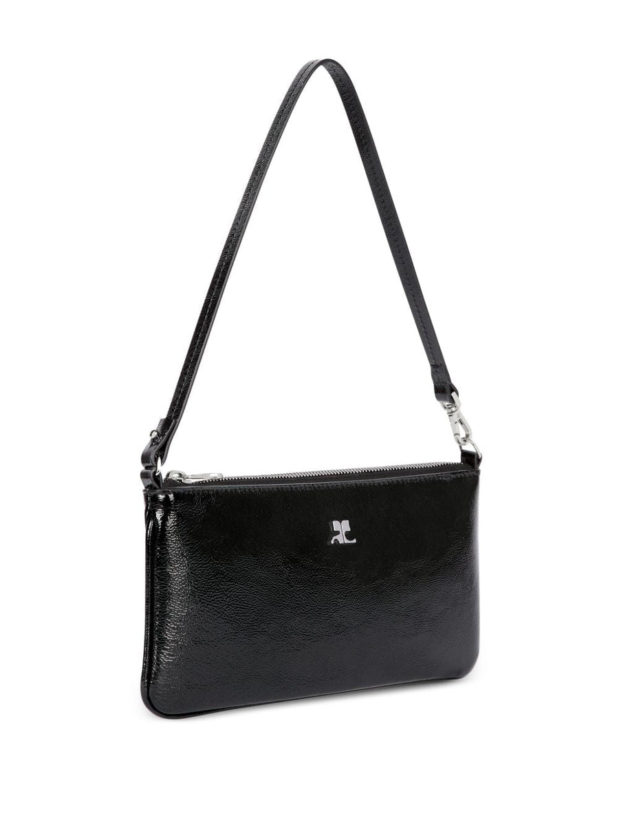 Courreges Zipped Leather Pouch With Logo Plaque, Detachable Strap, Minimalist Black Evening Clutch For Women