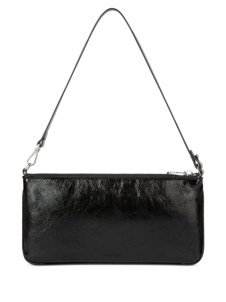 Courreges Zipped Leather Pouch With Logo Plaque, Detachable Strap, Minimalist Black Evening Clutch For Women