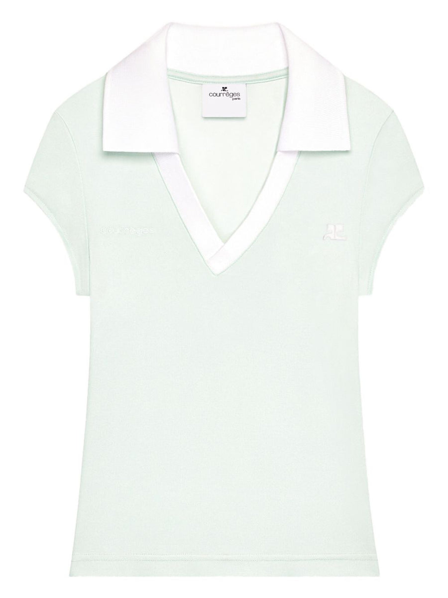 Courreges Pre Cropped Polo Shirt Light Blue Polyester V Neck Subtle Logo For Women Modern Luxe Silhouette
