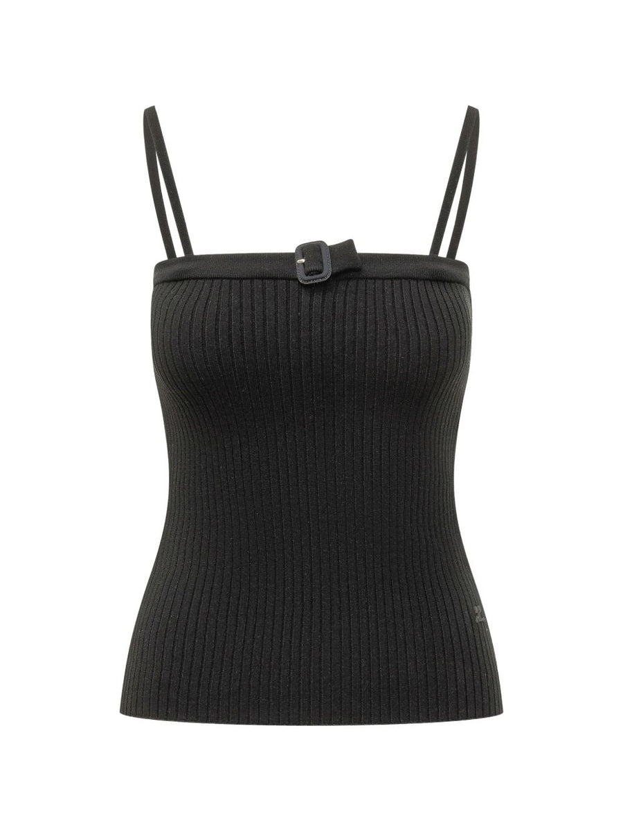 Courreges Pre Versatile Black Ribbed Tank Top With Buckle Spaghetti Straps For Women Spring Summer 2026