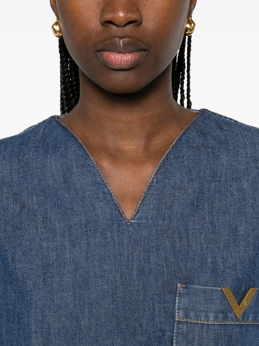 Valentino VLogo Signature Denim Blouse For Women Navy Cotton With V Neck And Chest Pocket