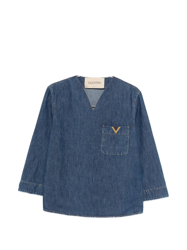 Valentino VLogo Signature Denim Blouse For Women Navy Cotton With V Neck And Chest Pocket