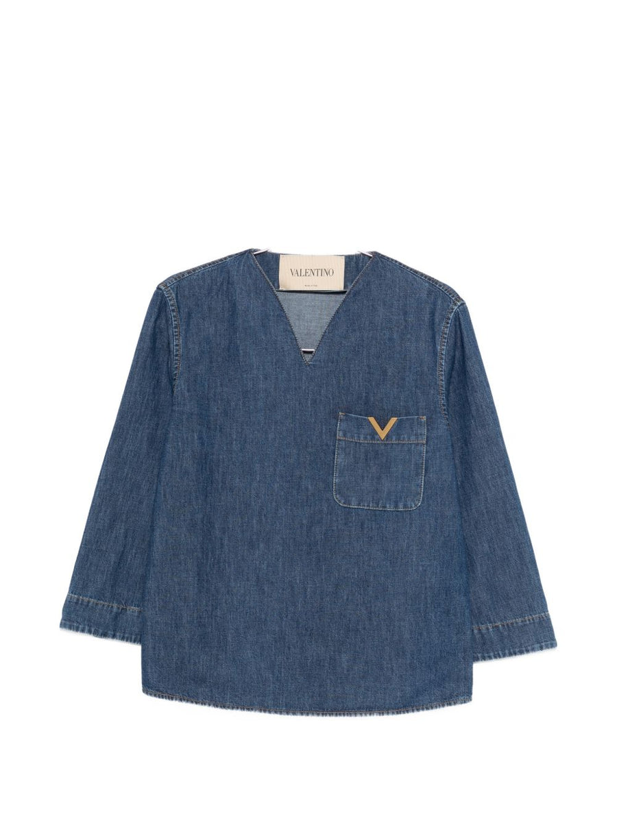 Valentino VLogo Signature Denim Blouse For Women Navy Cotton With V Neck And Chest Pocket
