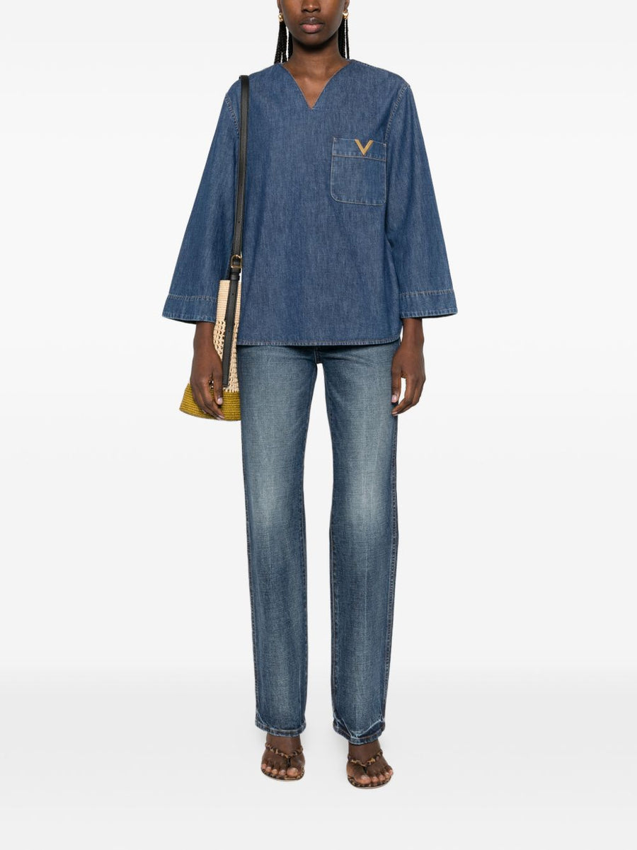 Valentino VLogo Signature Denim Blouse For Women Navy Cotton With V Neck And Chest Pocket