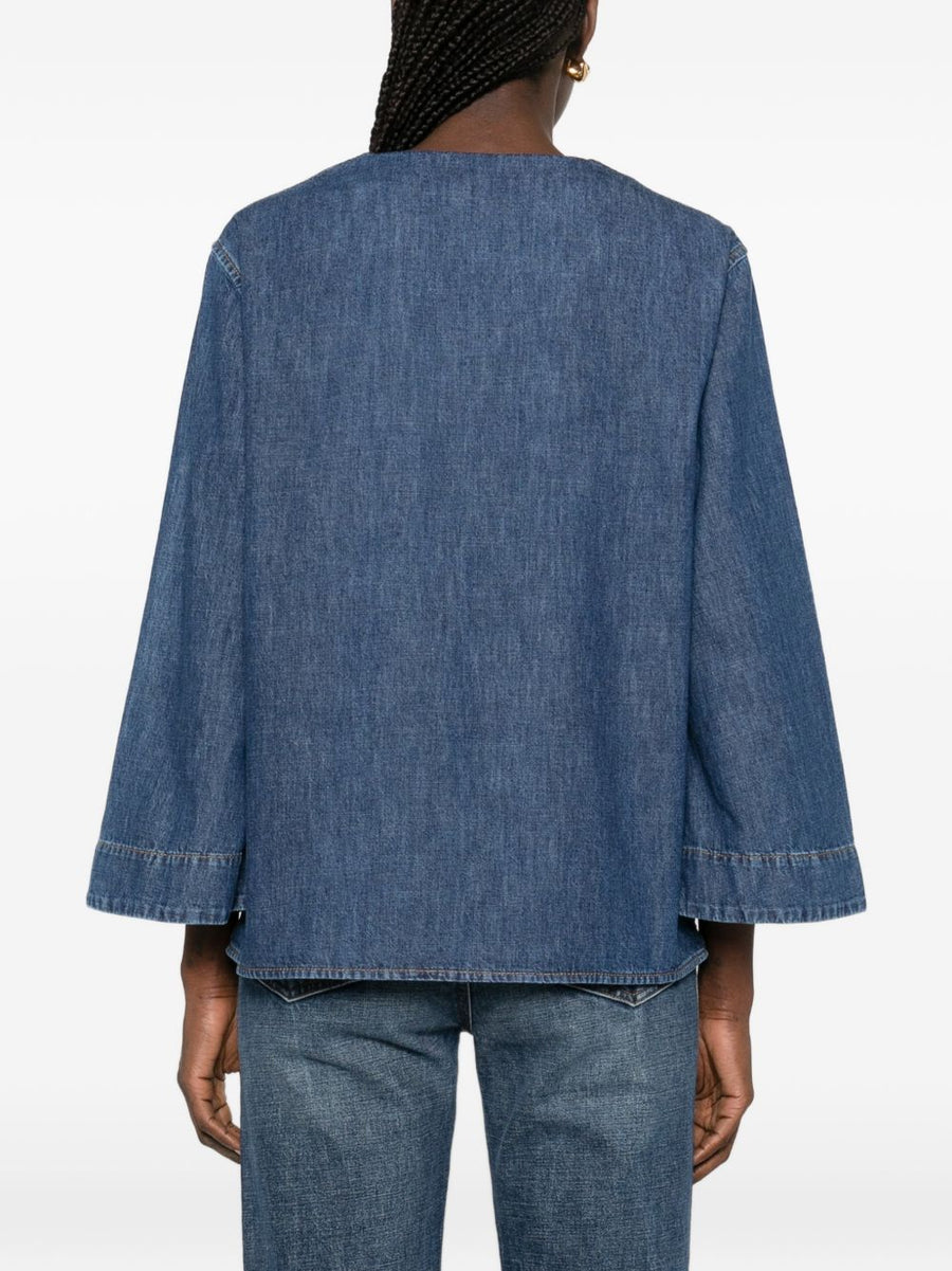 Valentino VLogo Signature Denim Blouse For Women Navy Cotton With V Neck And Chest Pocket