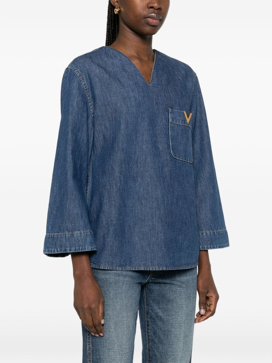Valentino VLogo Signature Denim Blouse For Women Navy Cotton With V Neck And Chest Pocket