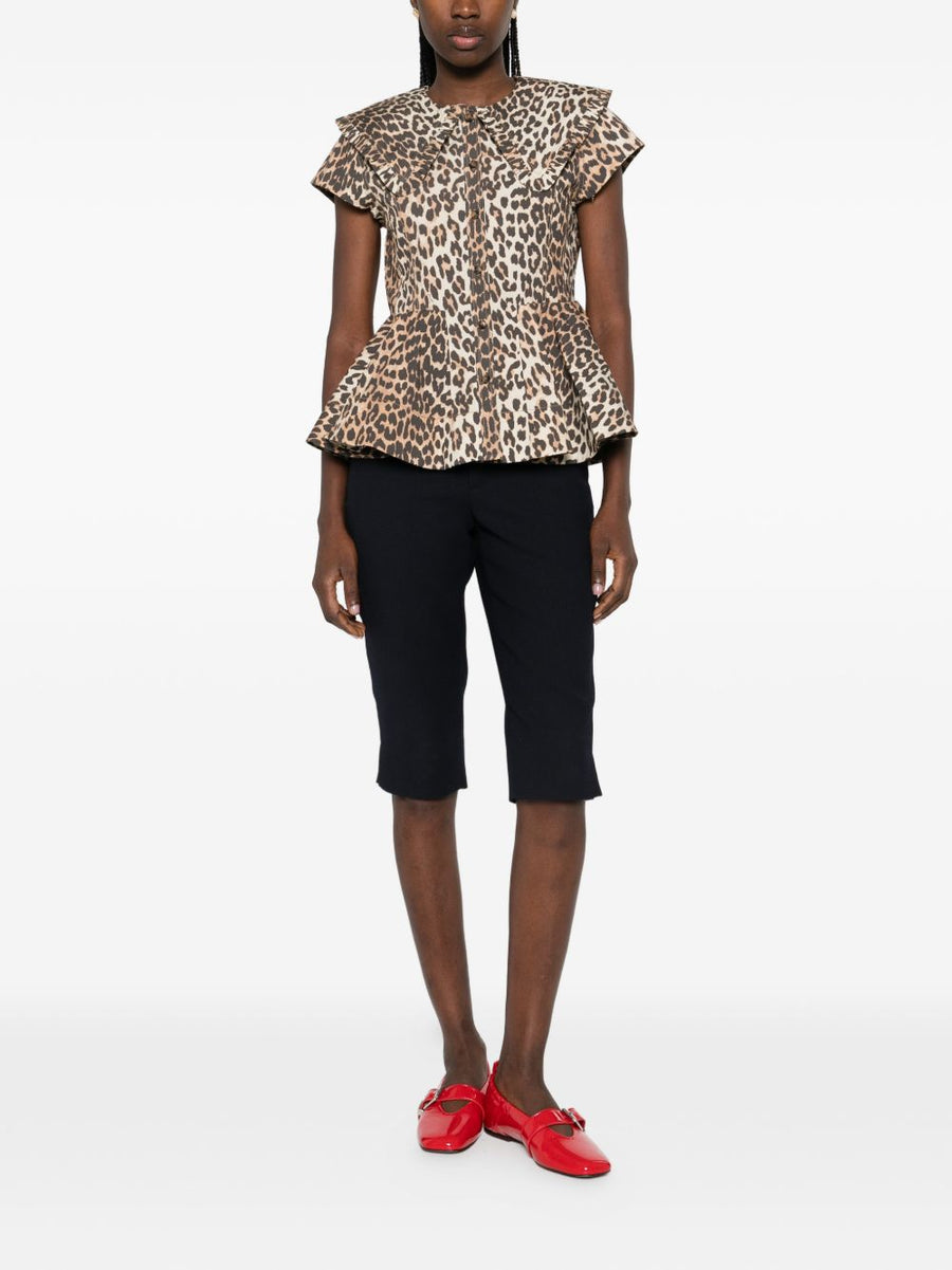 Ganni Leopard Print Organic Cotton Shirt With Peplum Hem And Ruffle Trim For Women