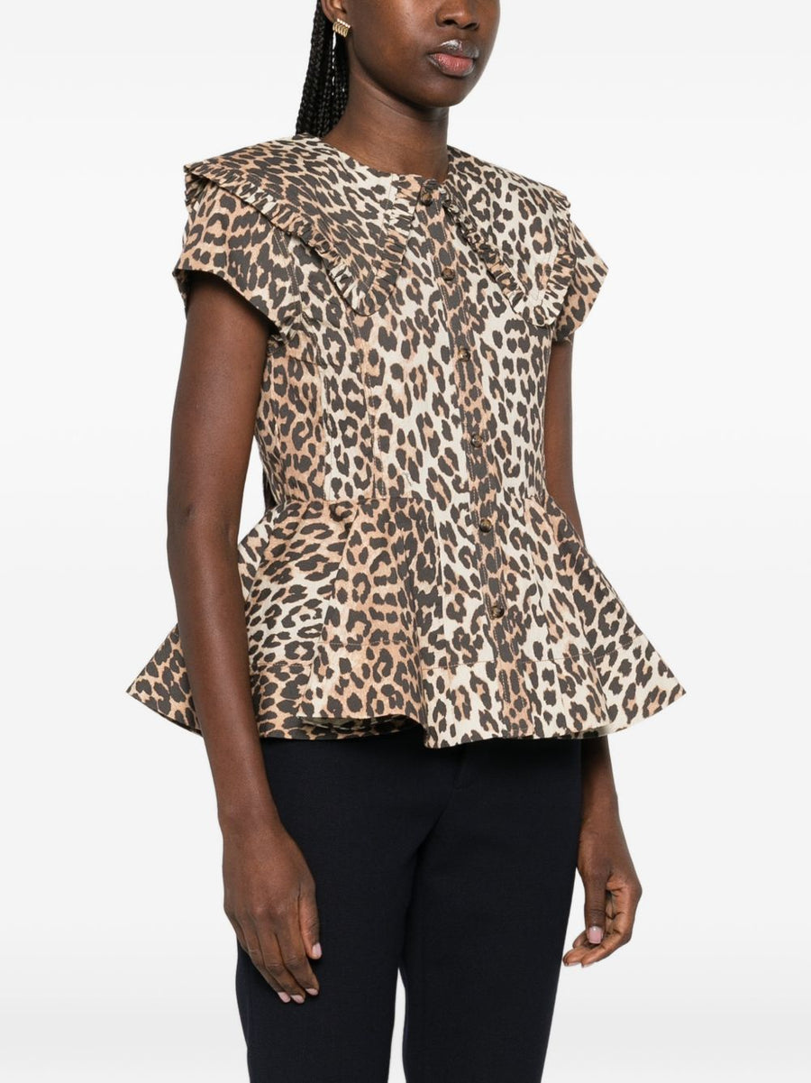 Ganni Leopard Print Organic Cotton Shirt With Peplum Hem And Ruffle Trim For Women