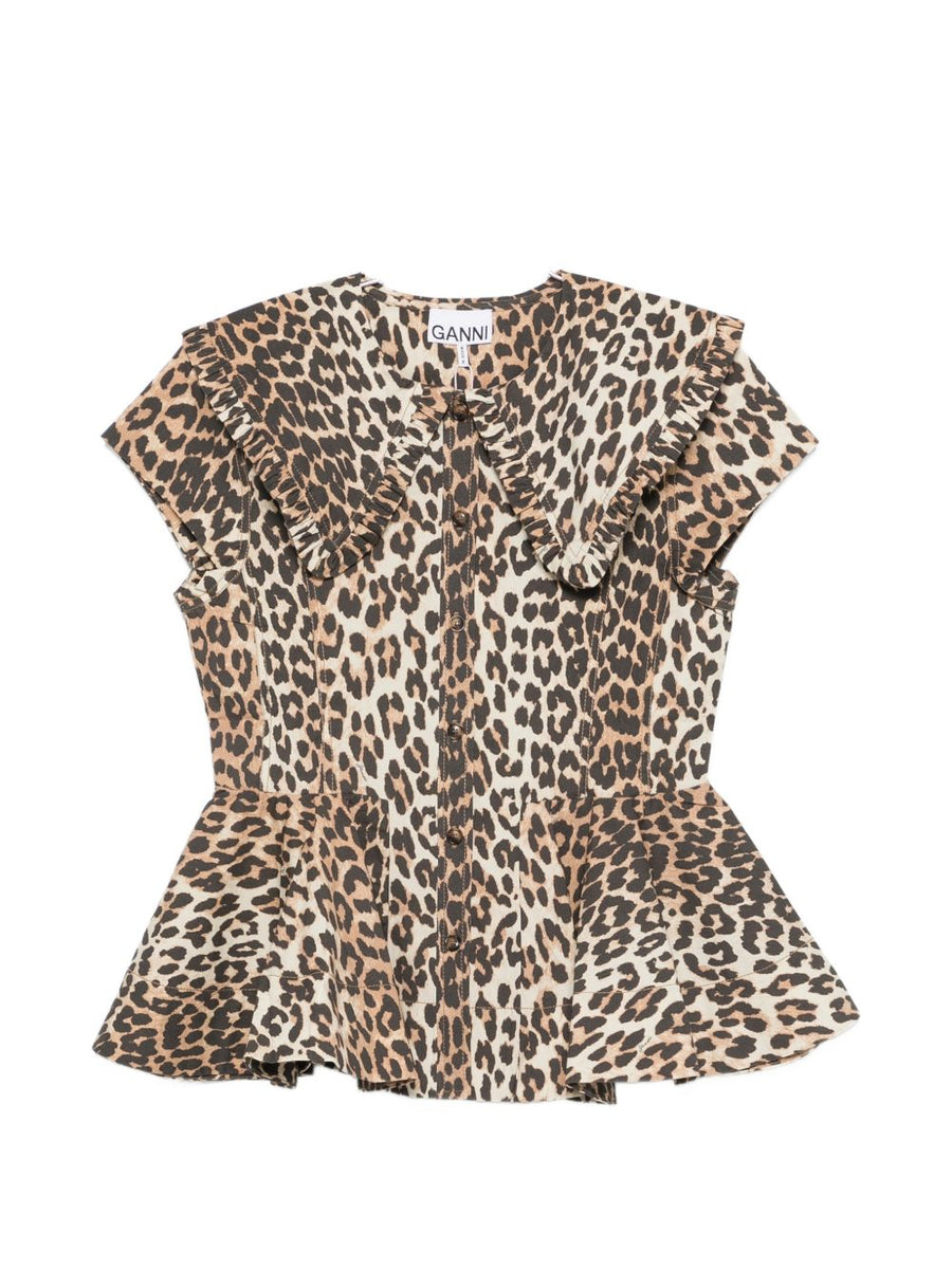 Ganni Leopard Print Organic Cotton Shirt With Peplum Hem And Ruffle Trim For Women