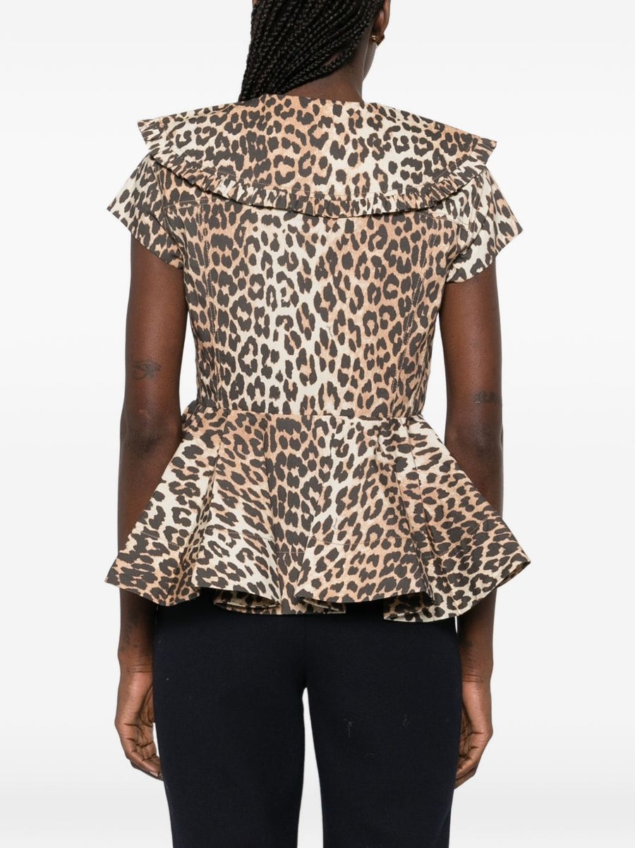 Ganni Leopard Print Organic Cotton Shirt With Peplum Hem And Ruffle Trim For Women