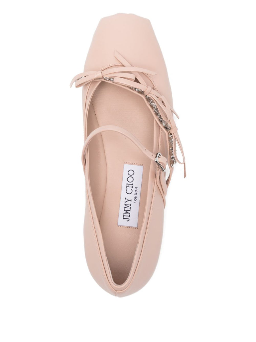 Jimmy Choo Loli Powder Pink Leather Ballet Flats Luxury Women All Day Comfort With Crystal Strap Bow