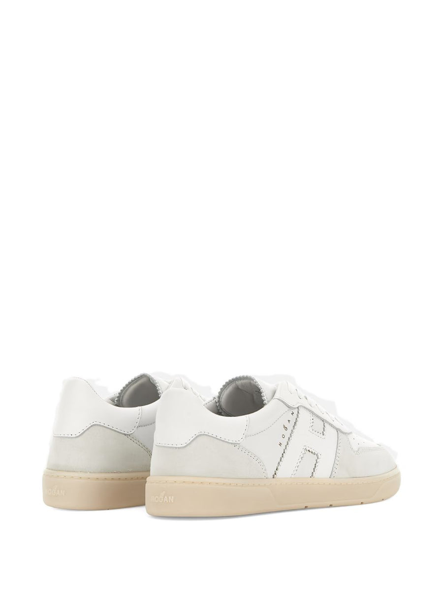 Hogan White Leather Sneakers For Women With Perforated Toe And Panelled Silhouette Luxury Everyday Wear