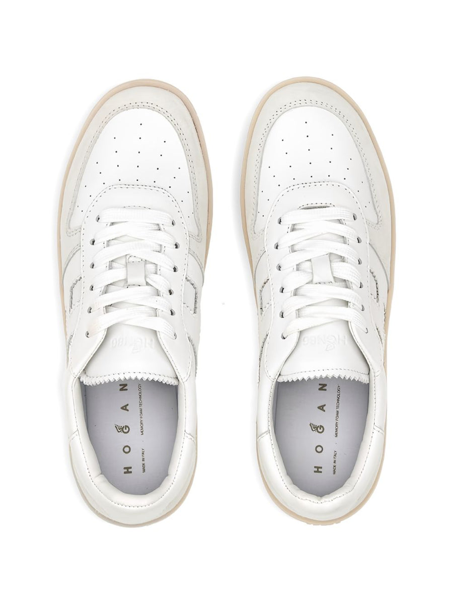 Hogan White Leather Sneakers For Women With Perforated Toe And Panelled Silhouette Luxury Everyday Wear