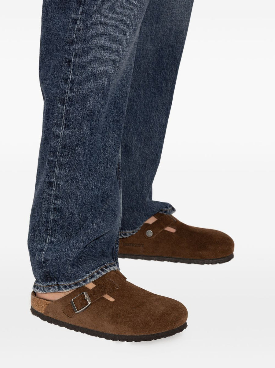 Birkenstock Boston Slippers Brown Calf Suede Double Buckle Slip On For Men Premium Cork Sole Narrow Fit