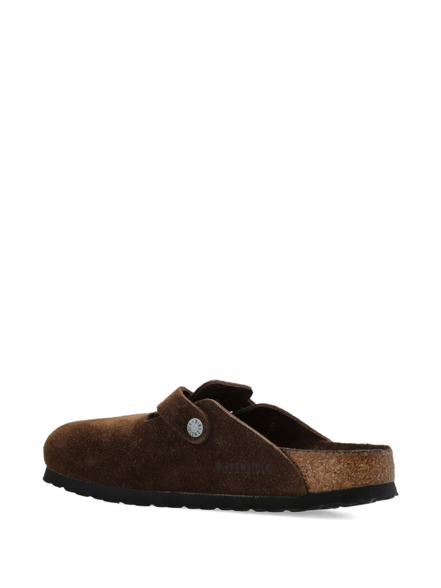 Birkenstock Boston Slippers Brown Calf Suede Double Buckle Slip On For Men Premium Cork Sole Narrow Fit