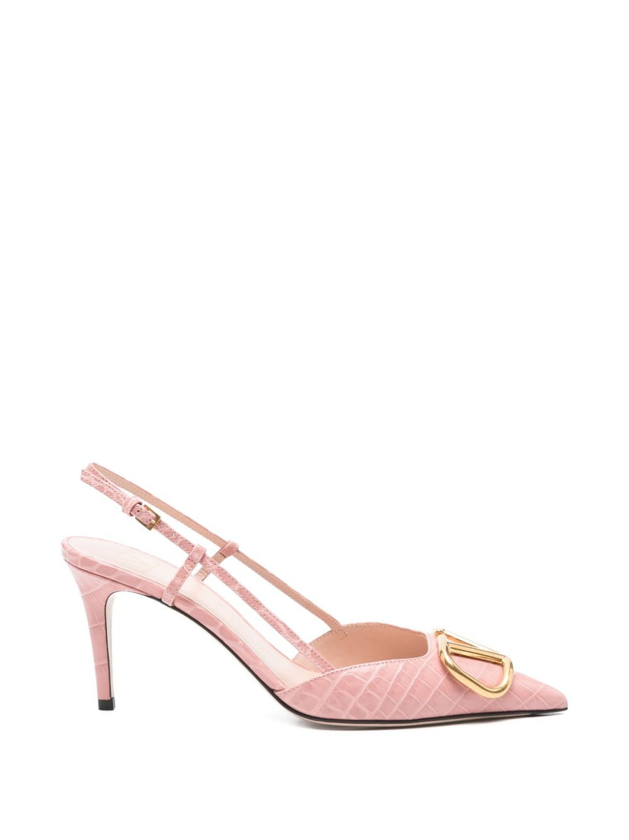 Valentino Garavani VLogo Slingback Pumps For Women Luxurious Pink Crocodile Leather Gold Hardware