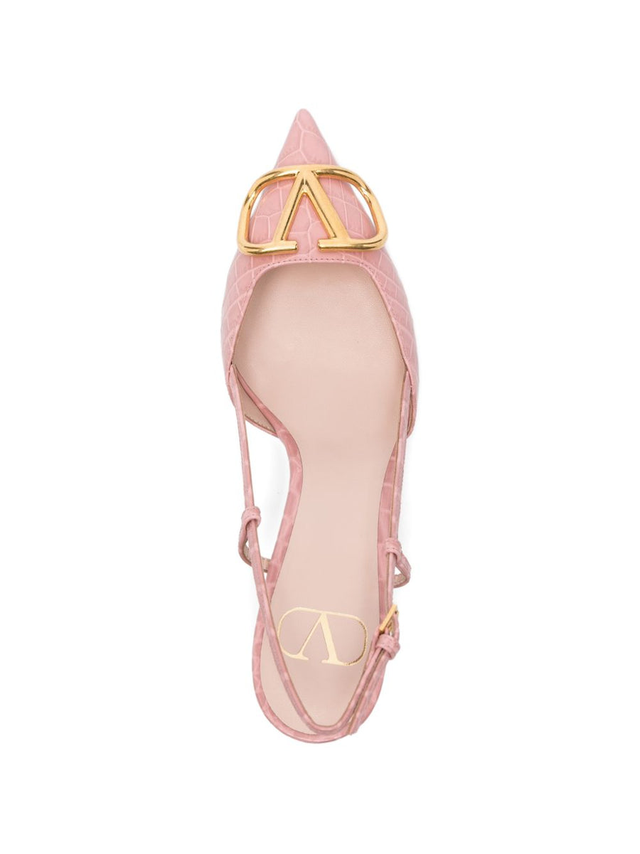 Valentino Garavani VLogo Slingback Pumps For Women Luxurious Pink Crocodile Leather Gold Hardware