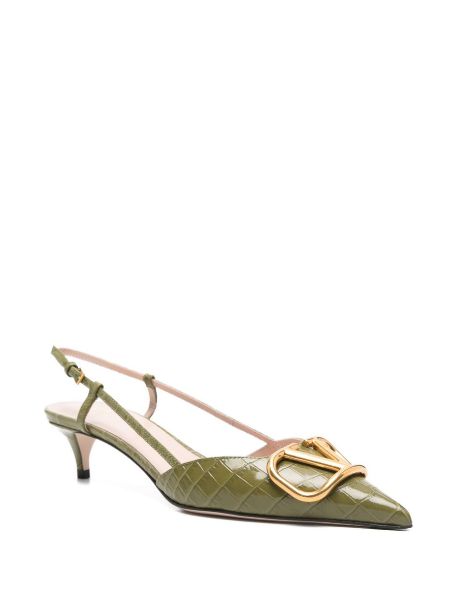 Valentino Garavani VLogo Signature Luxe Slingback Pumps Green Embossed Crocodile Calf Leather 4cm Heel For Women