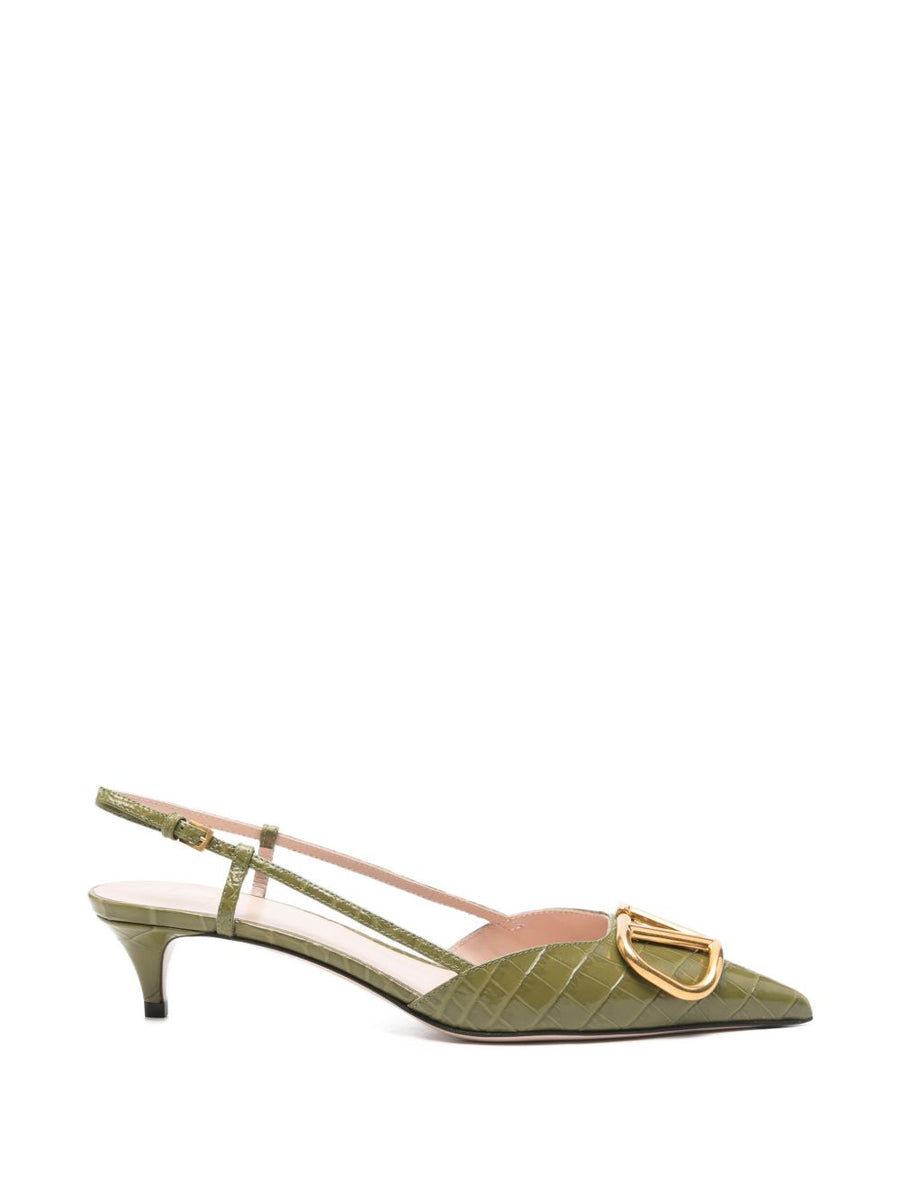 Valentino Garavani VLogo Signature Luxe Slingback Pumps Green Embossed Crocodile Calf Leather 4cm Heel For Women