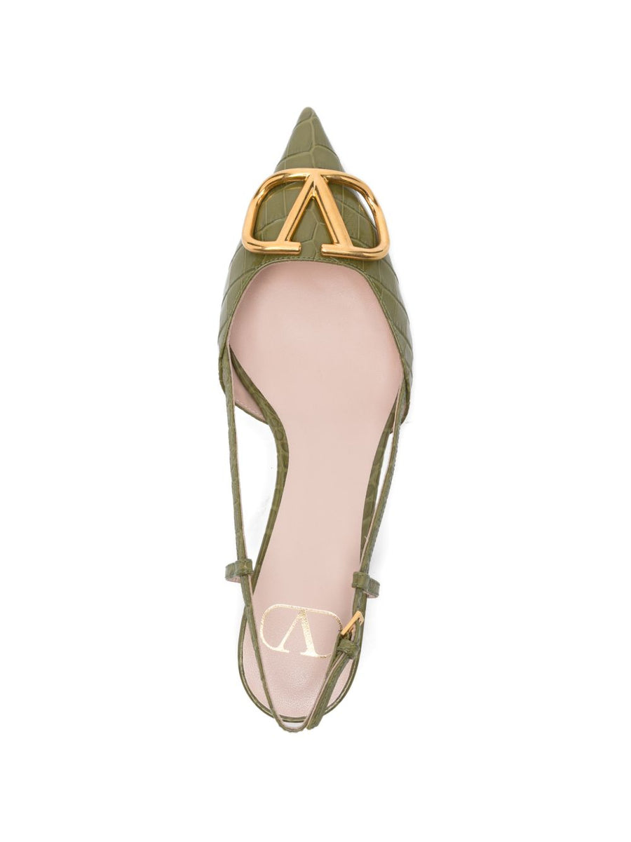 Valentino Garavani VLogo Signature Luxe Slingback Pumps Green Embossed Crocodile Calf Leather 4cm Heel For Women