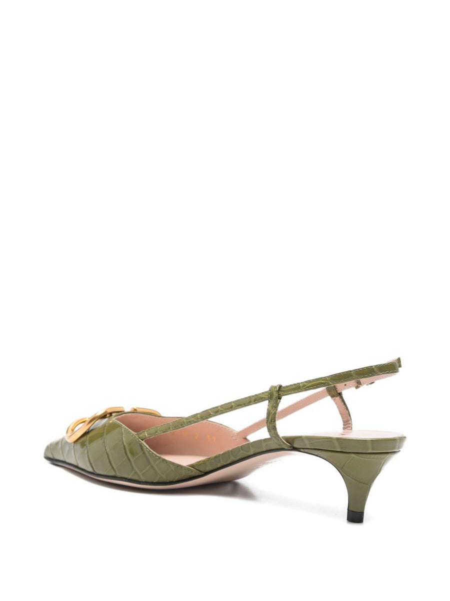 Valentino Garavani VLogo Signature Luxe Slingback Pumps Green Embossed Crocodile Calf Leather 4cm Heel For Women