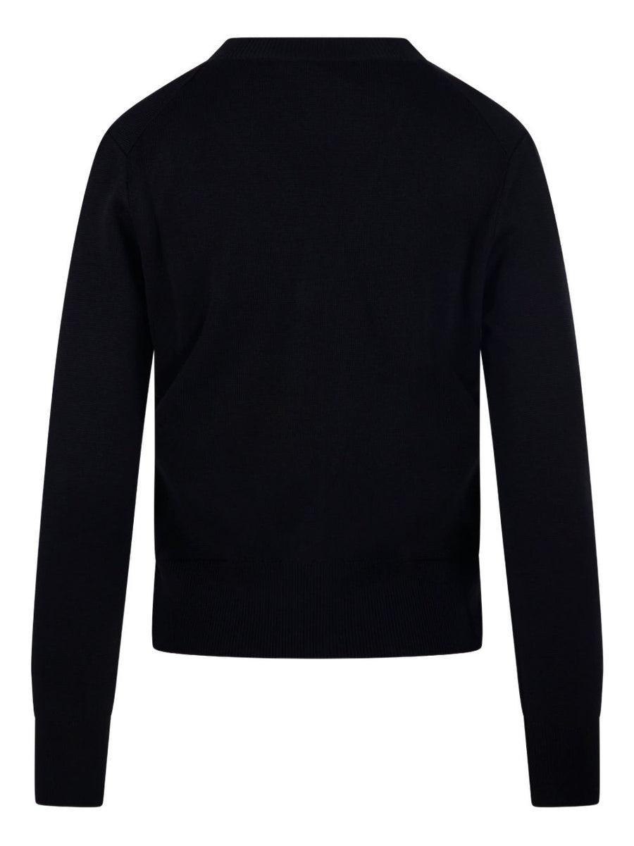 Ami Paris Wool Cardigan With De Coeur Detail For Women Black V Neck Button Front Ribbed Knit