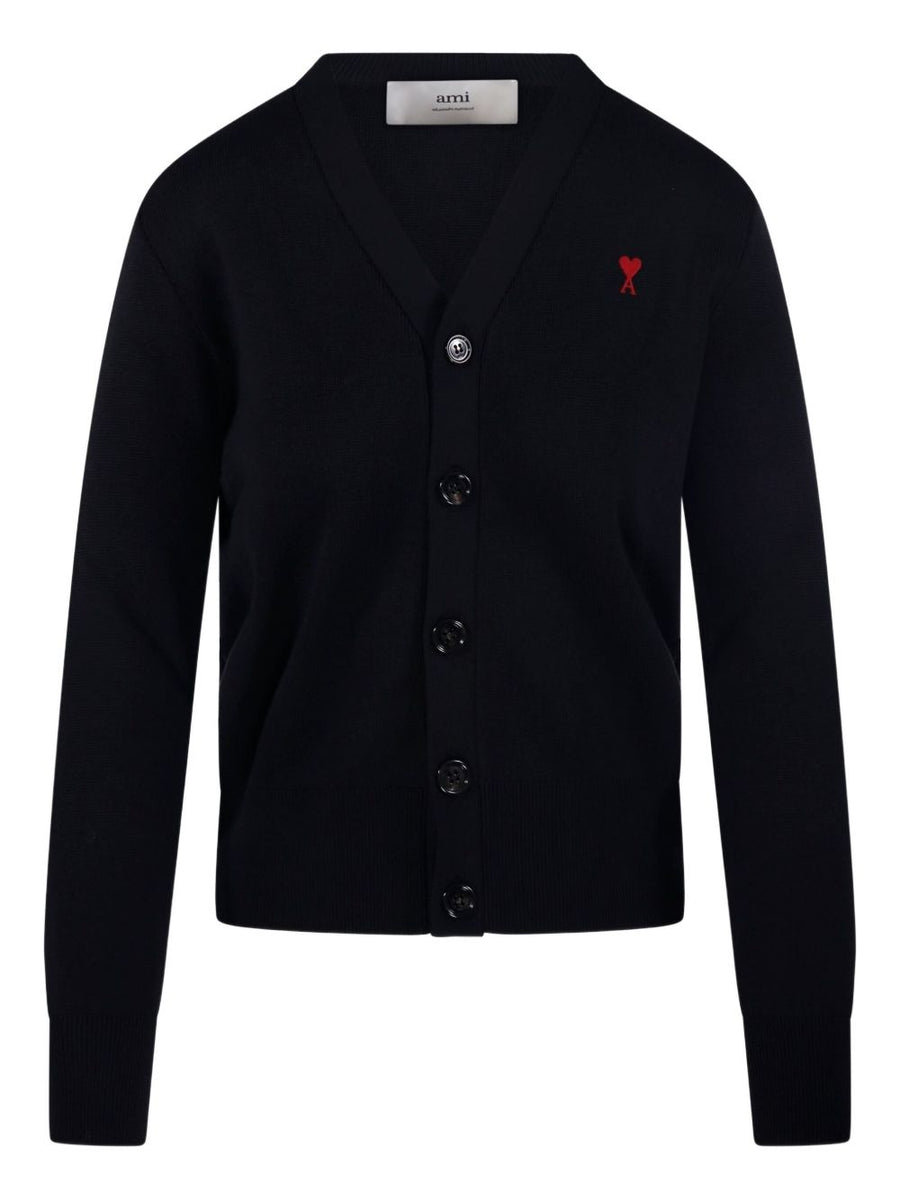 Ami Paris Wool Cardigan With De Coeur Detail For Women Black V Neck Button Front Ribbed Knit