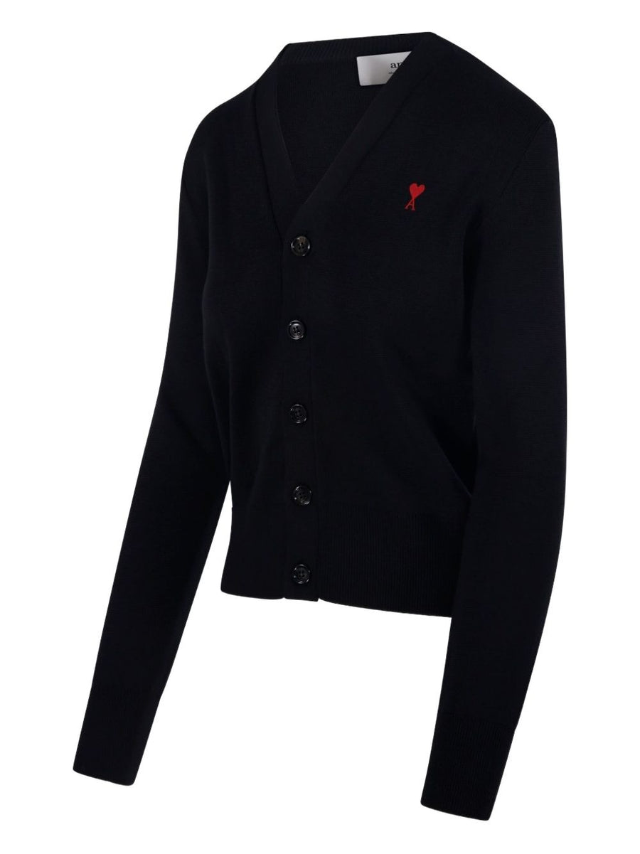 Ami Paris Wool Cardigan With De Coeur Detail For Women Black V Neck Button Front Ribbed Knit