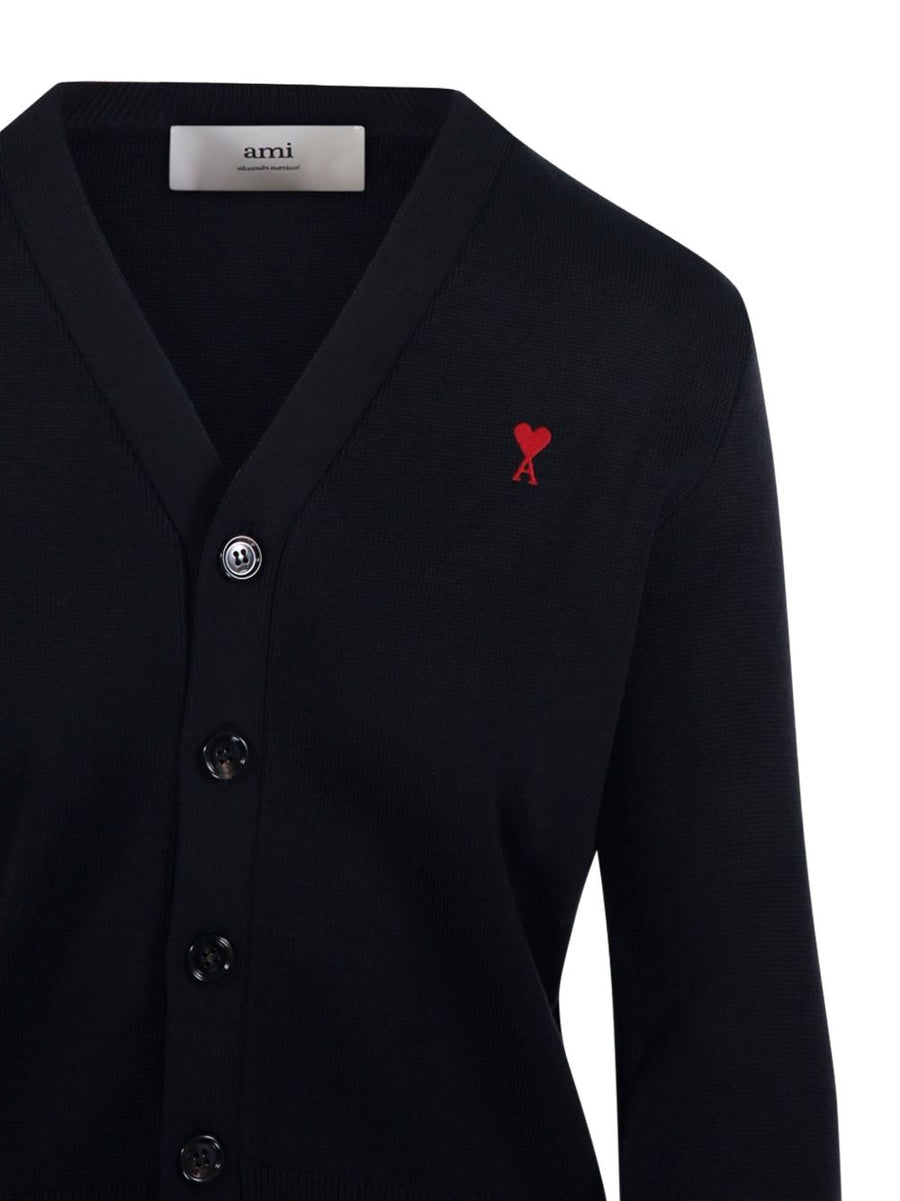 Ami Paris Wool Cardigan With De Coeur Detail For Women Black V Neck Button Front Ribbed Knit