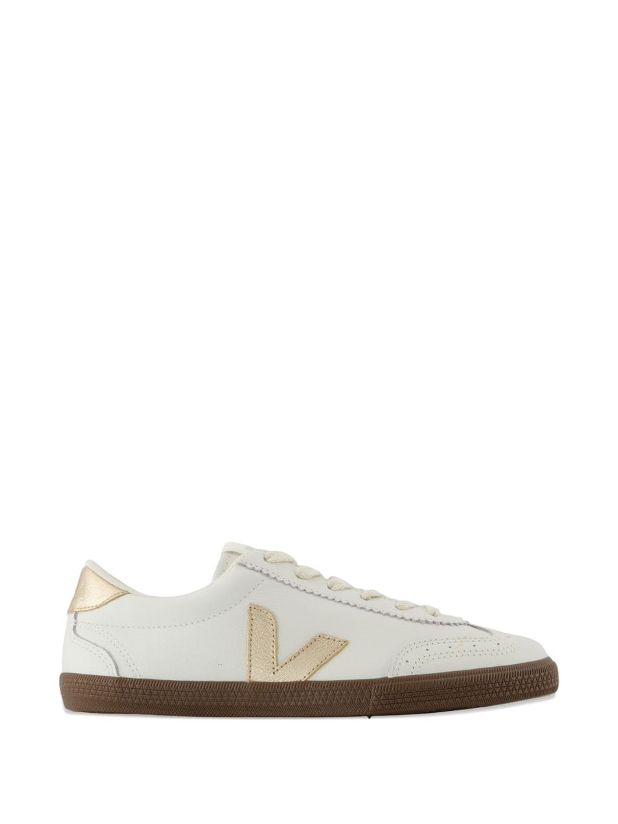 Veja Volley Leather Sneakers White Almond Toe Gold Accents 2 cm Heel