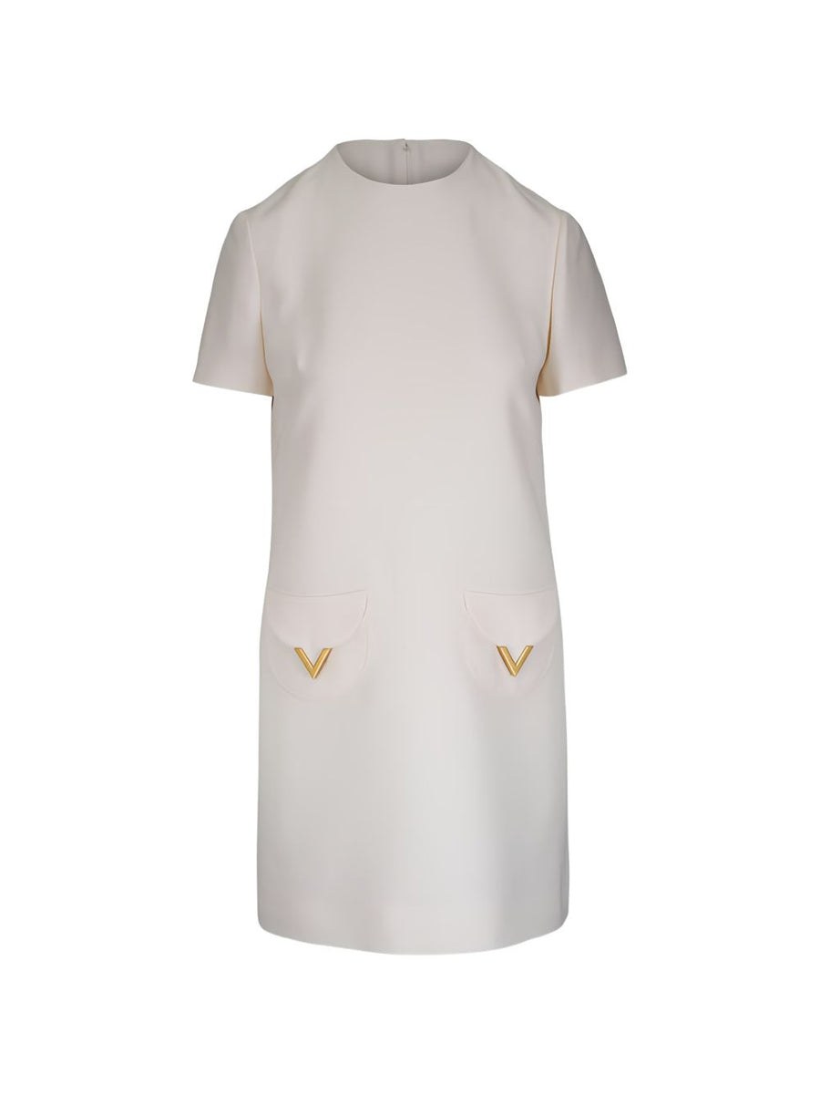 Valentino VLogo Signature Wool Silk Dress Ivory For Women Luxury Designer Eveningwear