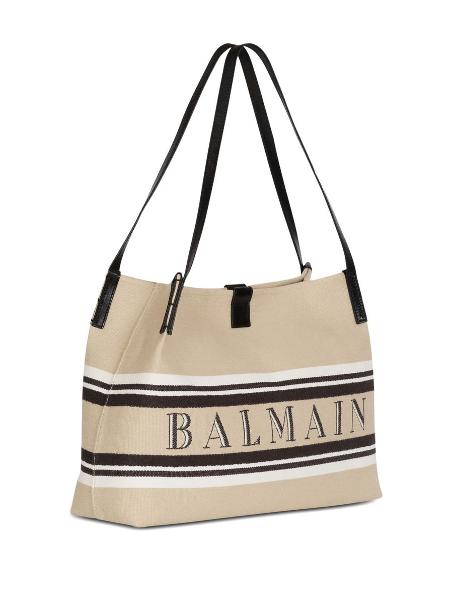 Balmain Medium Release Shopper Bag Canvas Calfskin For Women Luxurious Day To Night Versatility