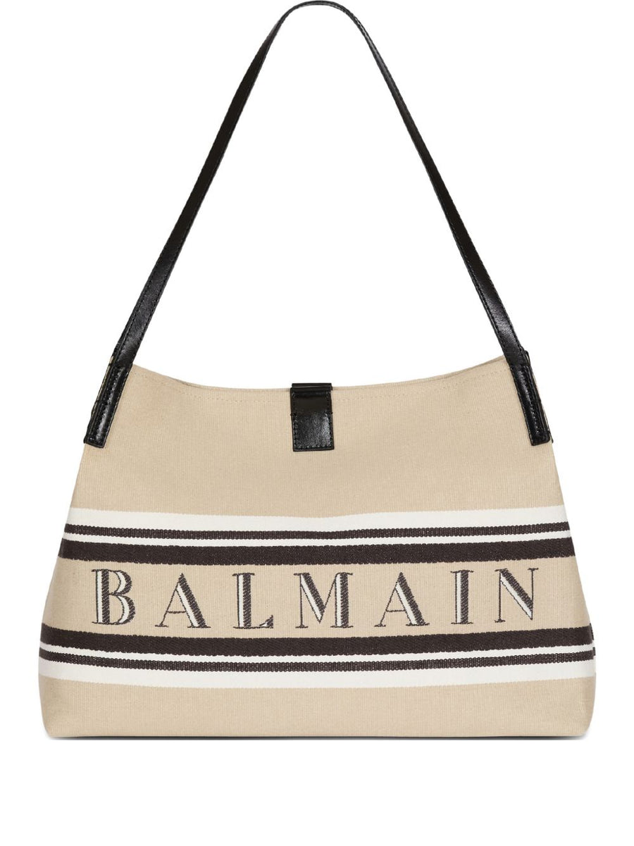 Balmain Medium Release Shopper Bag Canvas Calfskin For Women Luxurious Day To Night Versatility