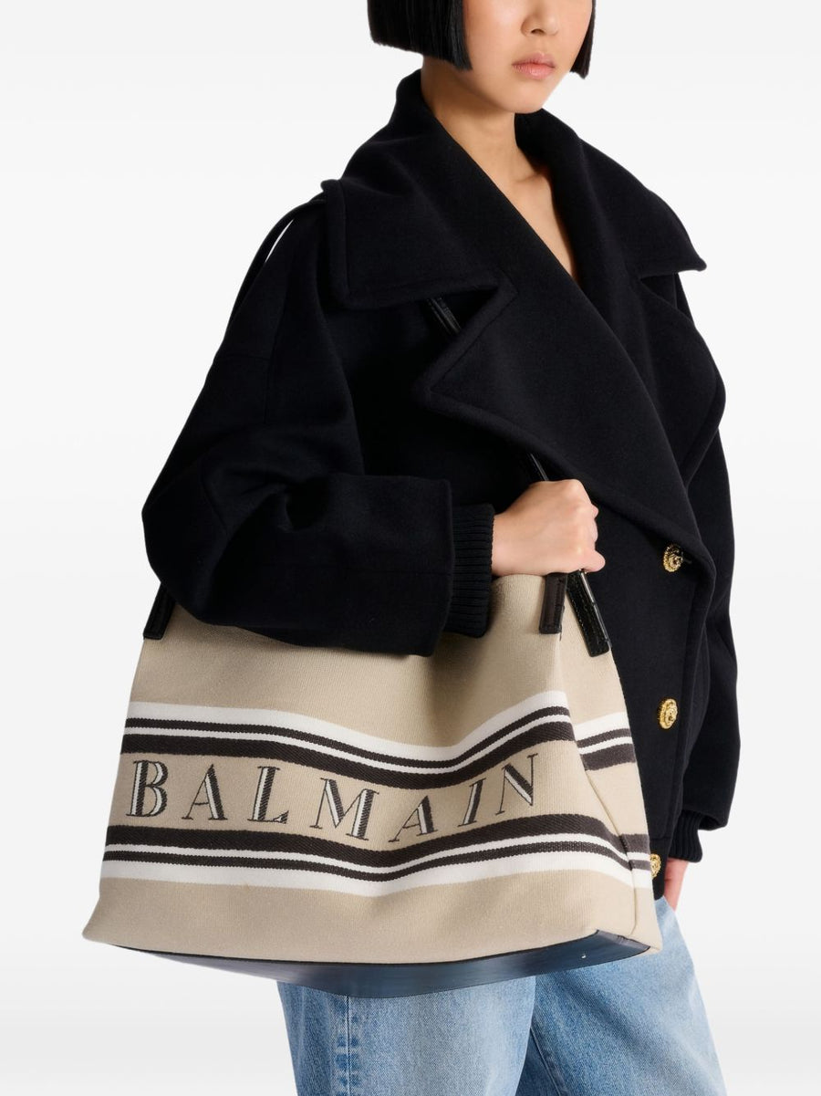 Balmain Medium Release Shopper Bag Canvas Calfskin For Women Luxurious Day To Night Versatility