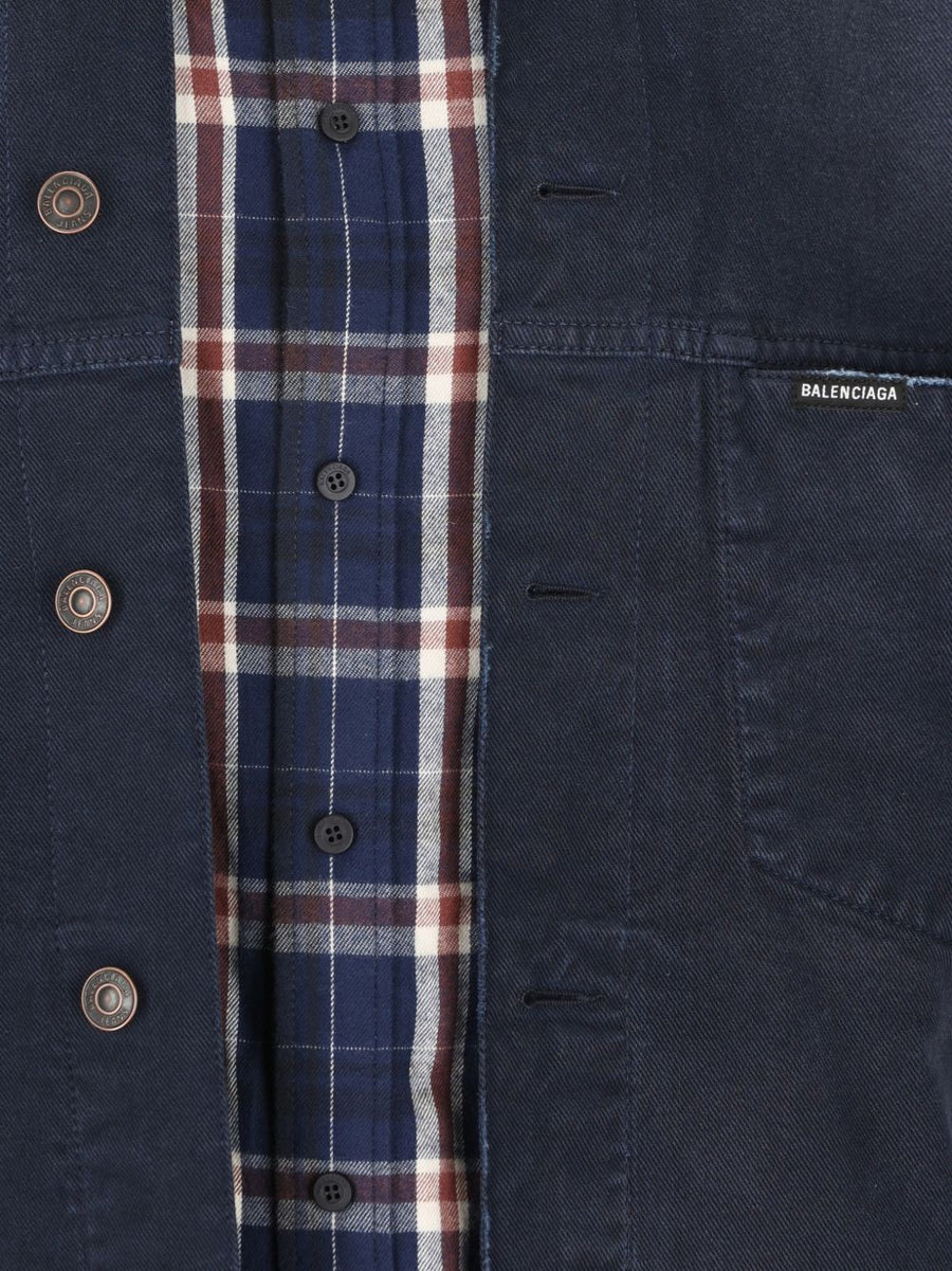 Balenciaga Patch Shirt Jacket For Men Navy Check 100 Percent Cotton Layering Essential Wardrobe