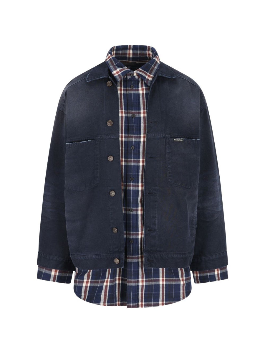 Balenciaga Patch Shirt Jacket For Men Navy Check 100 Percent Cotton Layering Essential Wardrobe