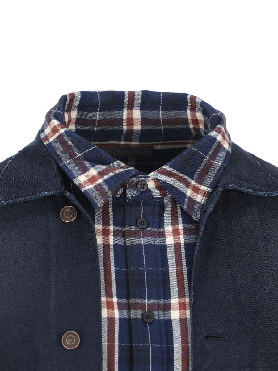 Balenciaga Patch Shirt Jacket For Men Navy Check 100 Percent Cotton Layering Essential Wardrobe