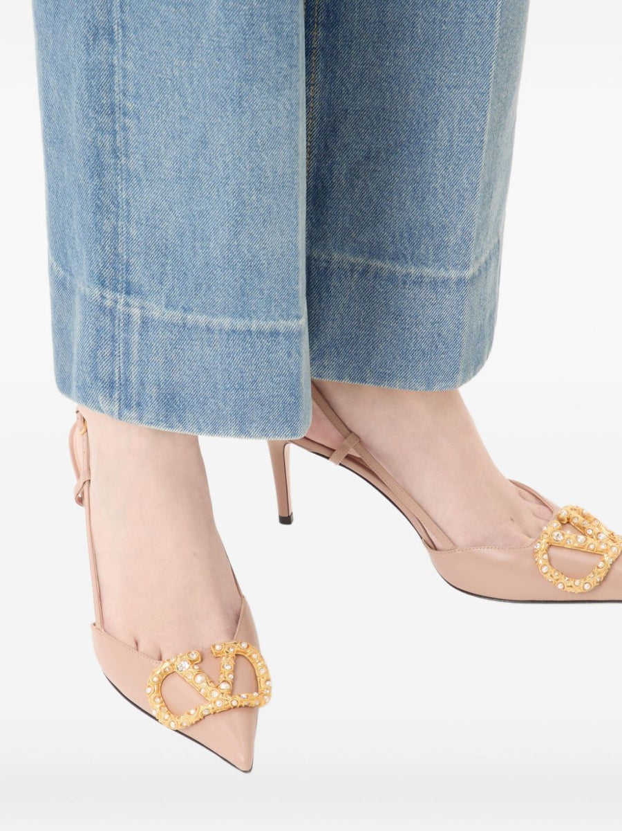 Valentino Garavani VLogo Signature Slingback Decollete 8cm Heel Beige Calf Leather Women