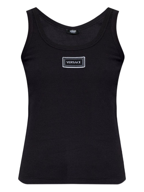Versace Logo Cotton Tank Top for Women Luxurious Black Knit with Discreet Patch Detail