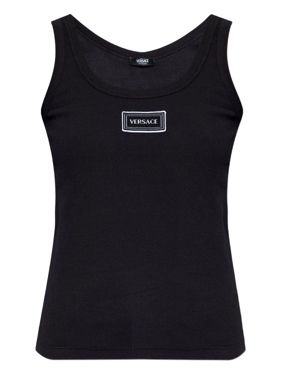 Versace Logo Cotton Tank Top for Women Luxurious Black Knit with Discreet Patch Detail