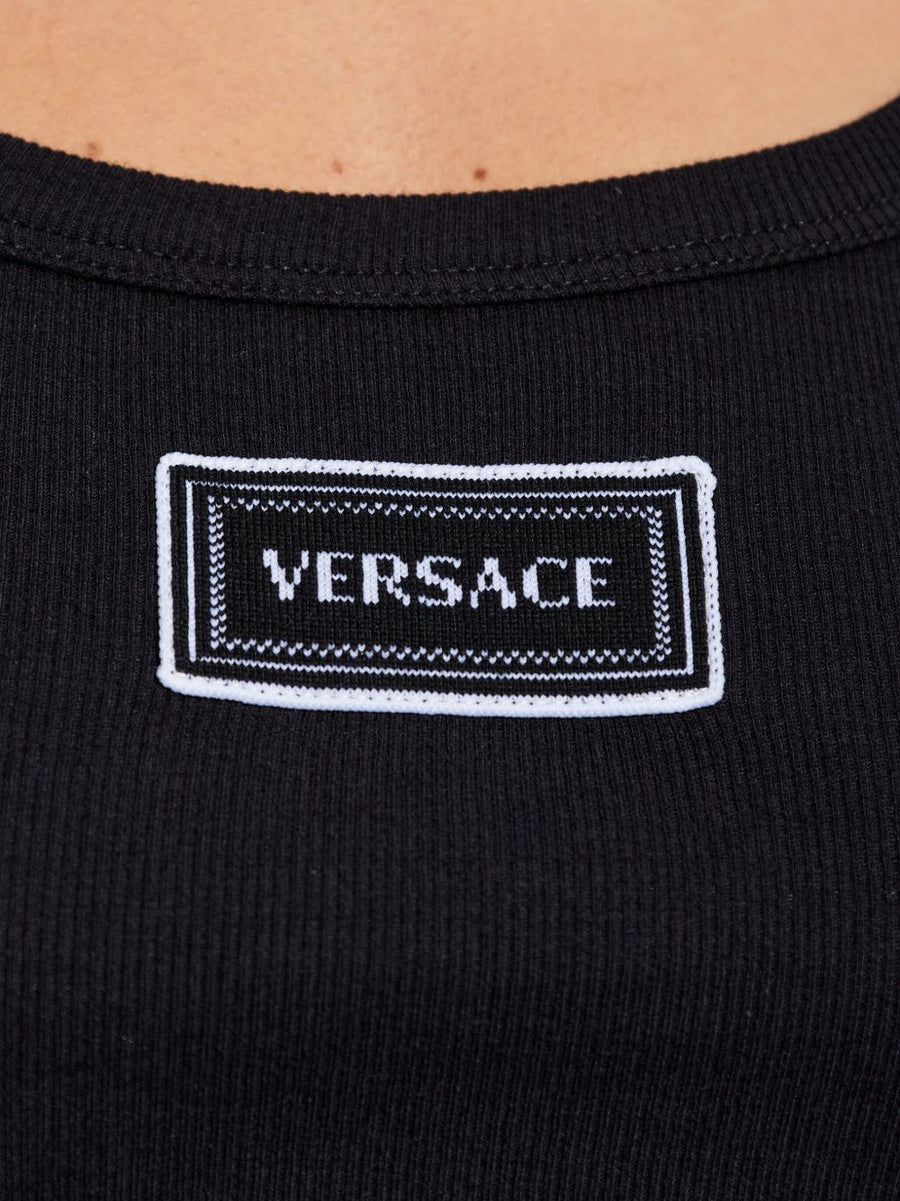 Versace Logo Cotton Tank Top for Women Luxurious Black Knit with Discreet Patch Detail