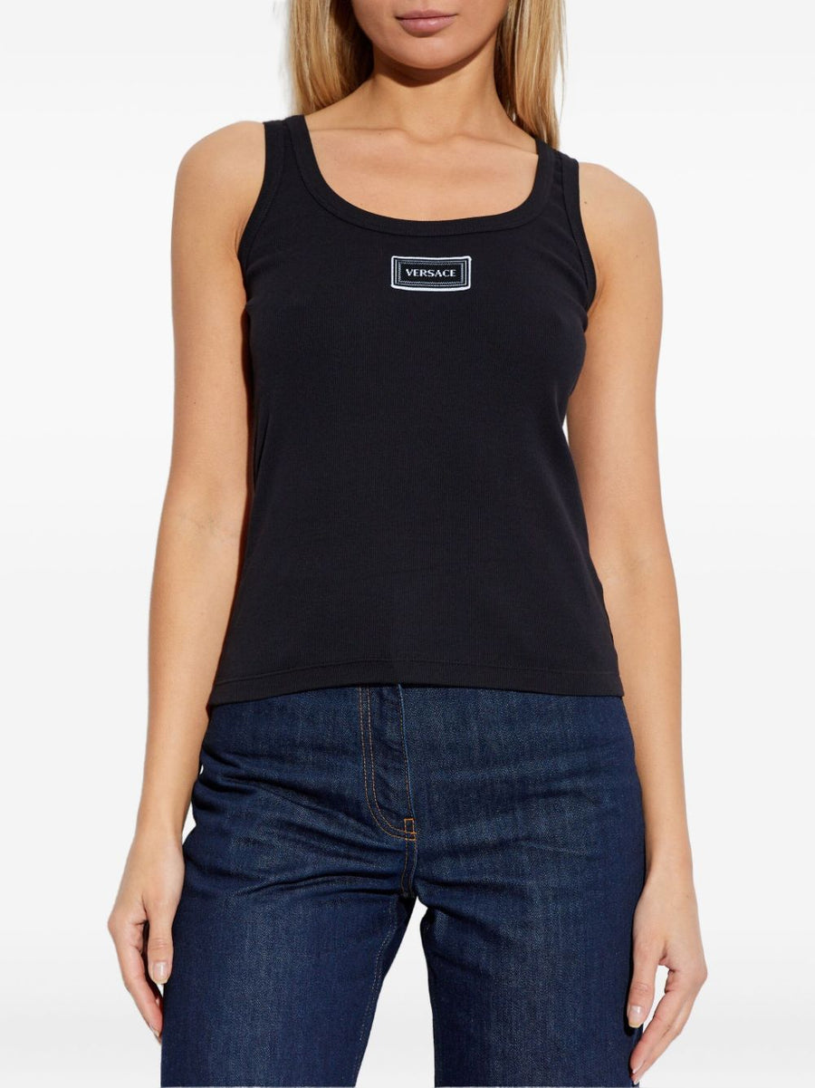 Versace Logo Cotton Tank Top for Women Luxurious Black Knit with Discreet Patch Detail