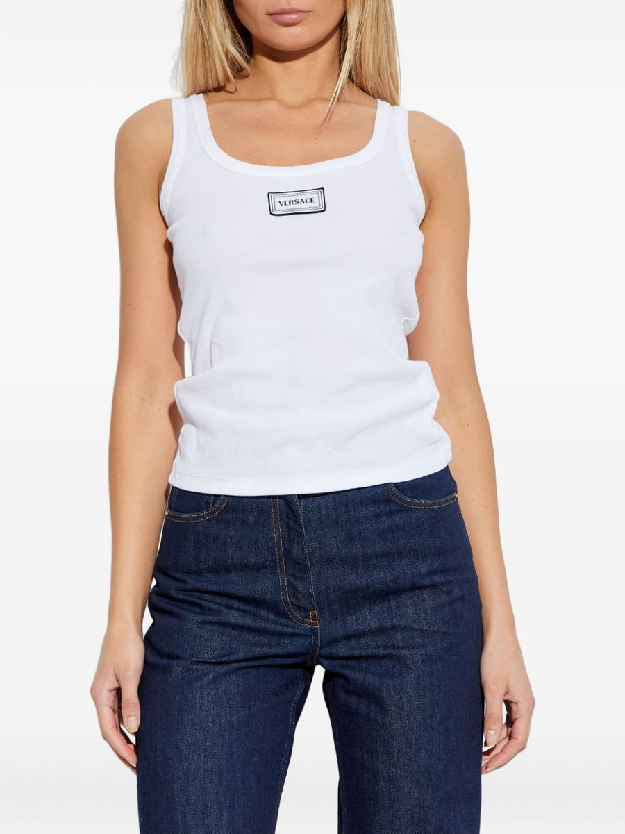 Versace Logo Cotton Tank Top For Women Premium White Ribbed Sleeveless Summer Essential