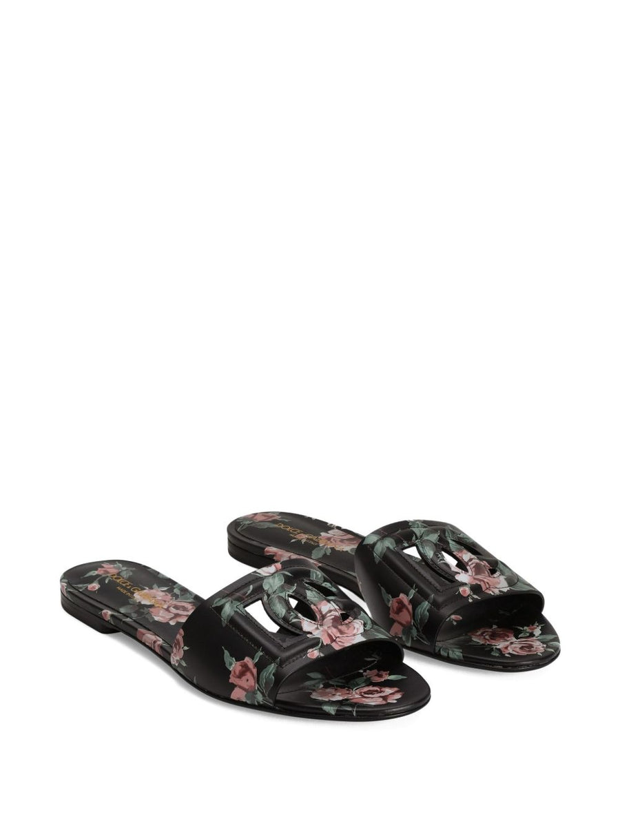 Dolce And Gabbana Slide Sandals For Women Luxurious Black Floral Print Open Toe With DG Logo