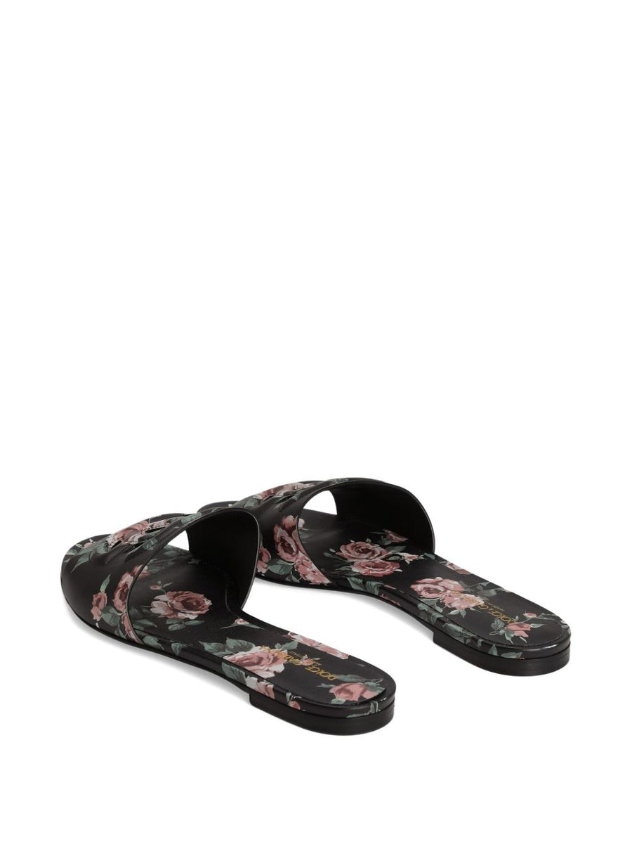 Dolce And Gabbana Slide Sandals For Women Luxurious Black Floral Print Open Toe With DG Logo