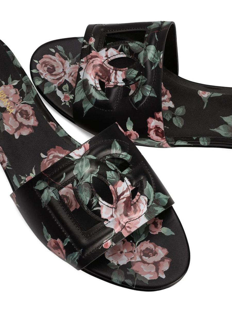 Dolce And Gabbana Slide Sandals For Women Luxurious Black Floral Print Open Toe With DG Logo