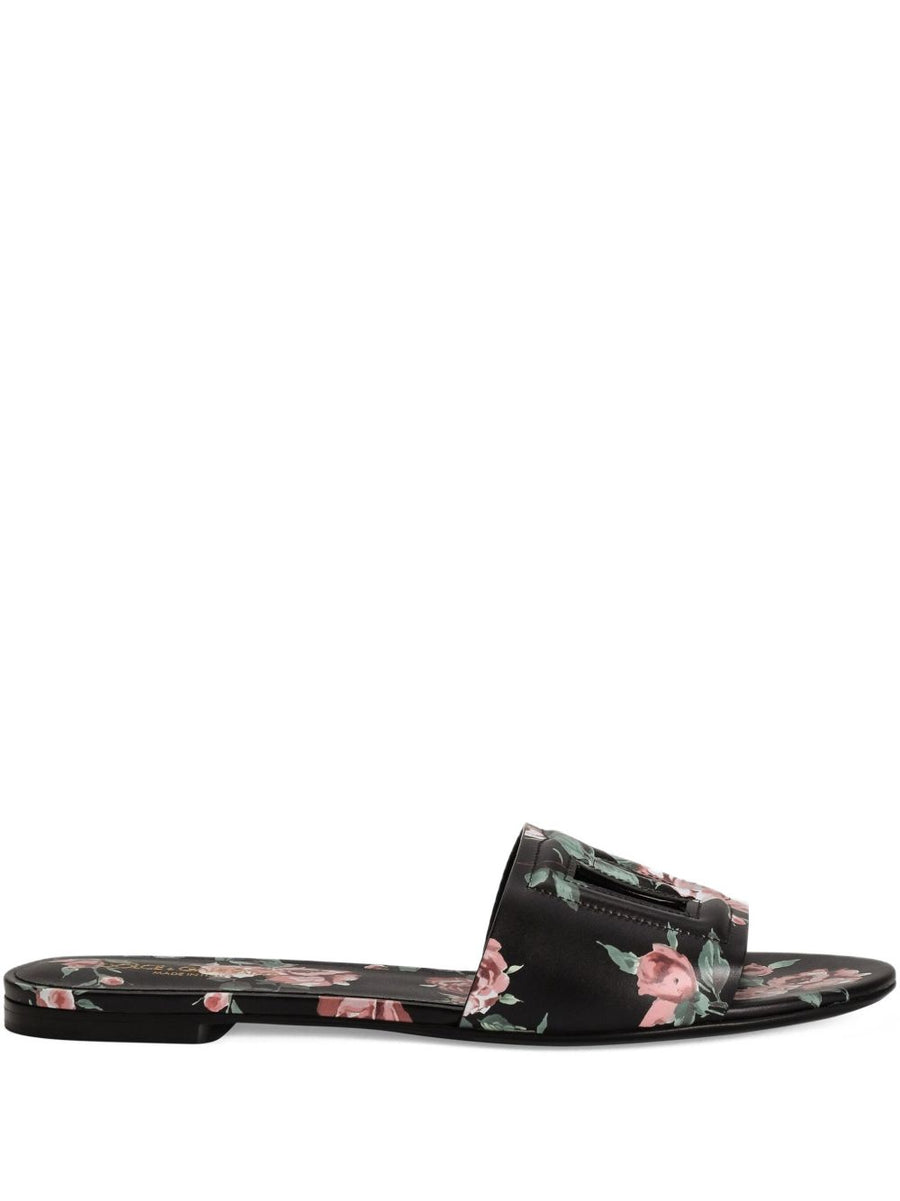 Dolce And Gabbana Slide Sandals For Women Luxurious Black Floral Print Open Toe With DG Logo