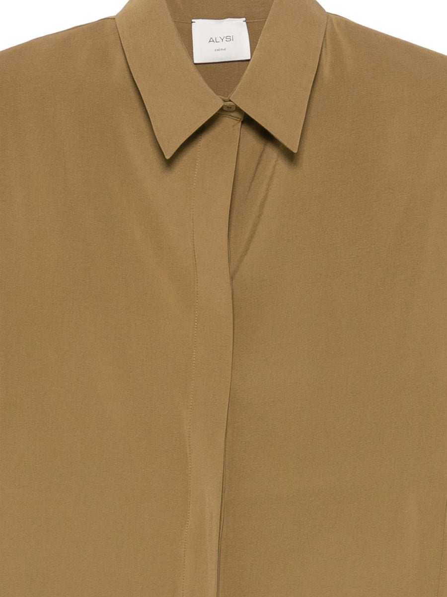 Alysi Short Sleeve Shirt For Women Front Button Boxy Silhouette Green Soft Modal Blend Versatile For Casual To Dressy
